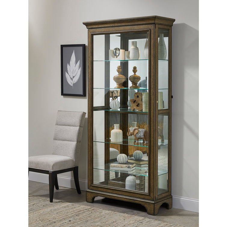 Brown Oak Lighted Curio Cabinet with Glass Shelves