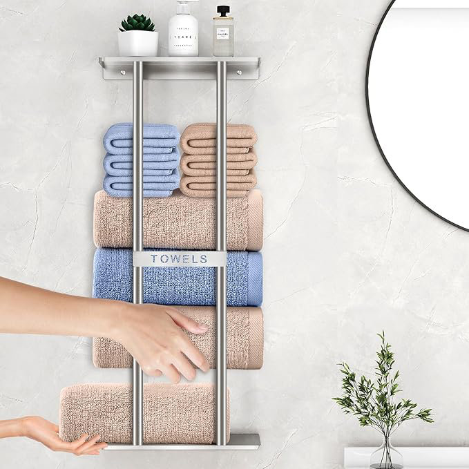 Brushed Nickel Wall Mounted Towel Rack with Shelf
