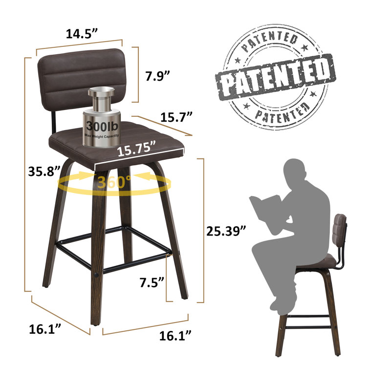 Brown Faux Leather Swivel Bar Stools with Low Back, Set of 2