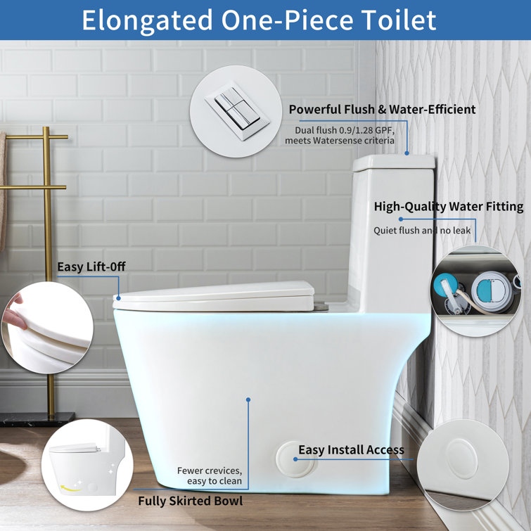 White Ceramic Dual-Flush Elongated One-Piece Toilet with Comfort Seat