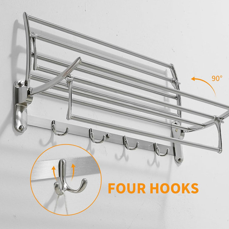 24 Inch Brushed Nickel Wall Mounted Foldable Towel Rack with Hooks