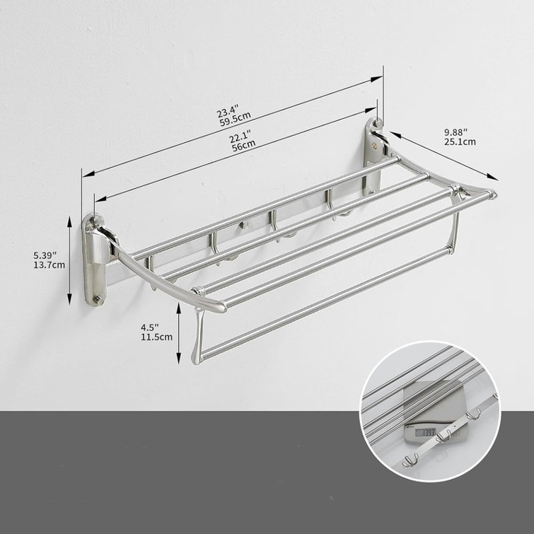 24 Inch Brushed Nickel Wall Mounted Foldable Towel Rack with Hooks