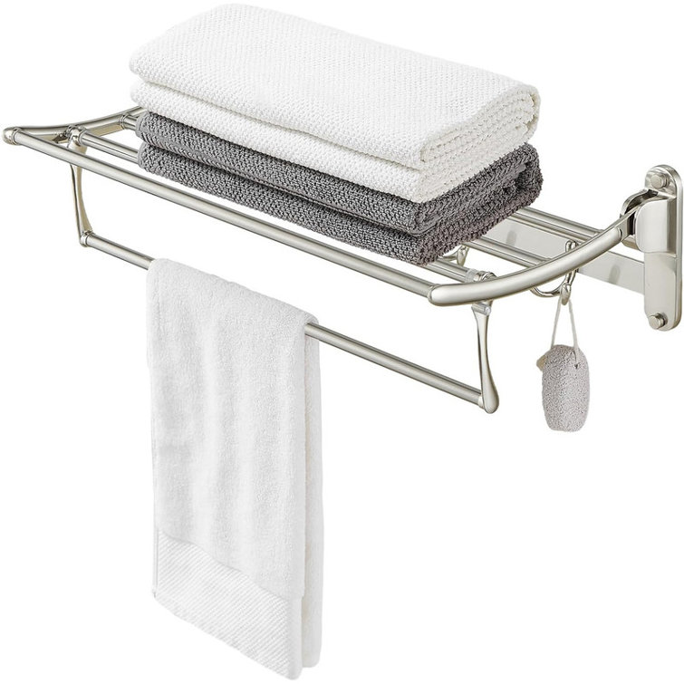 24 Inch Brushed Nickel Wall Mounted Foldable Towel Rack with Hooks