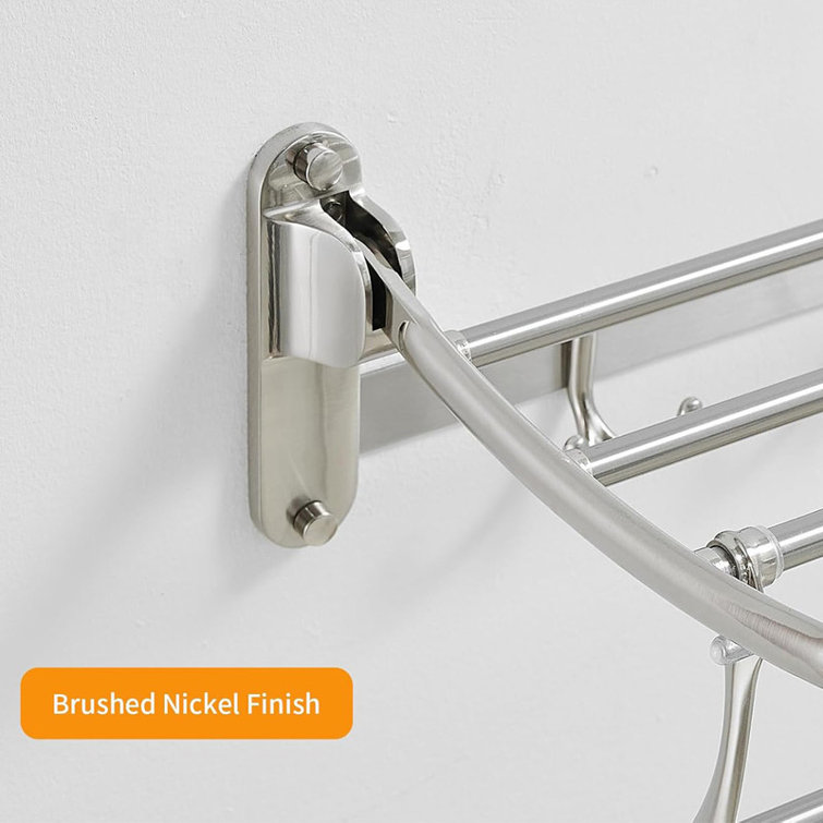 24 Inch Brushed Nickel Wall Mounted Foldable Towel Rack with Hooks