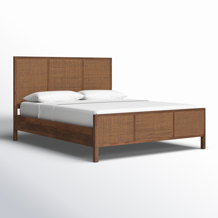 King Brown Mango Wood Panel Bed with Cane Headboard