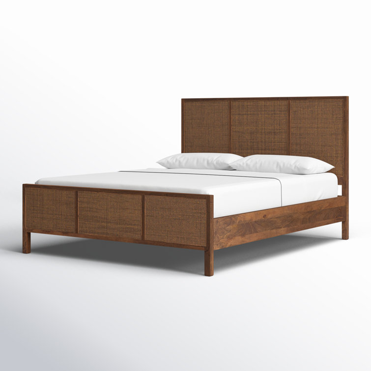 King Brown Mango Wood Panel Bed with Cane Headboard