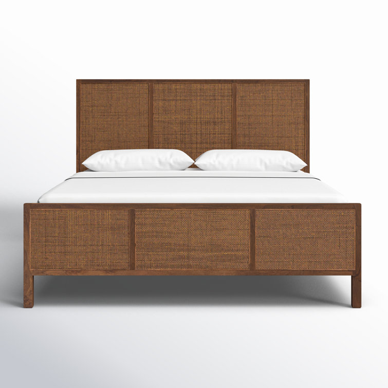 King Brown Mango Wood Panel Bed with Cane Headboard