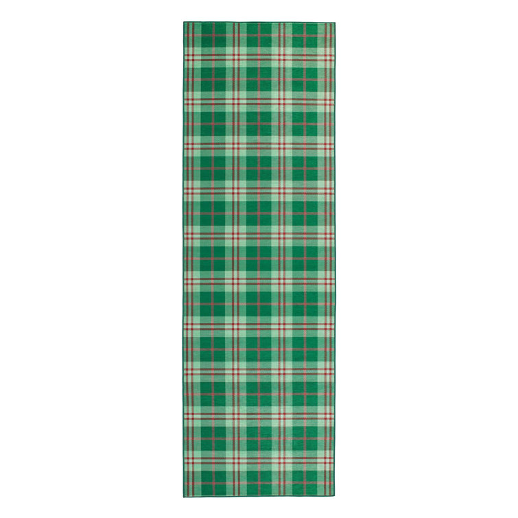 Green and Red Plaid Washable Synthetic Runner Rug 2'6" x 6'