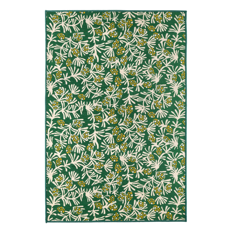 Winter Pinecones Green and White Synthetic Washable Rug 2x3