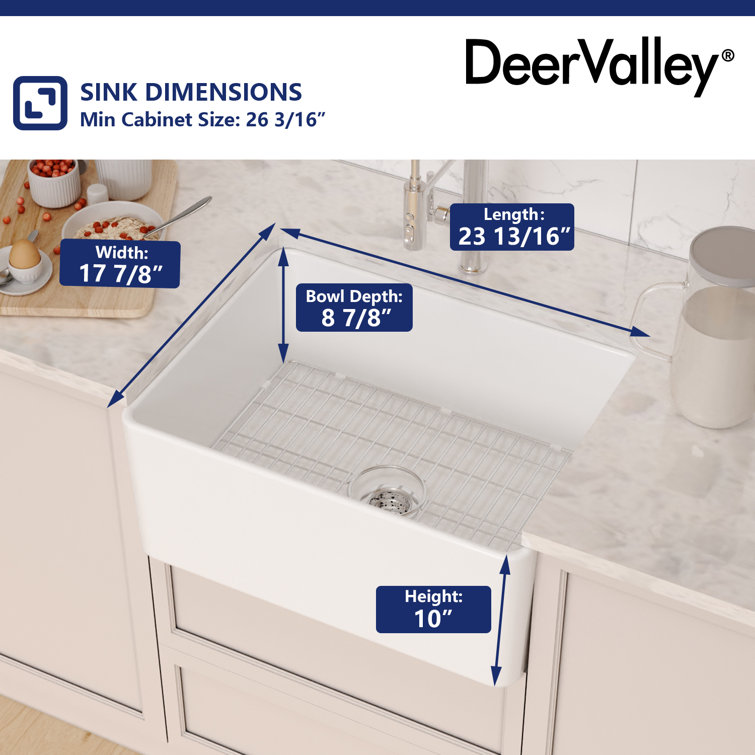 White Fireclay 24" Single Bowl Farmhouse Sink