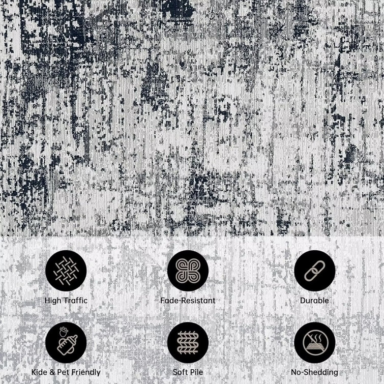 5' x 7' Black and Gray Abstract Washable Area Rug