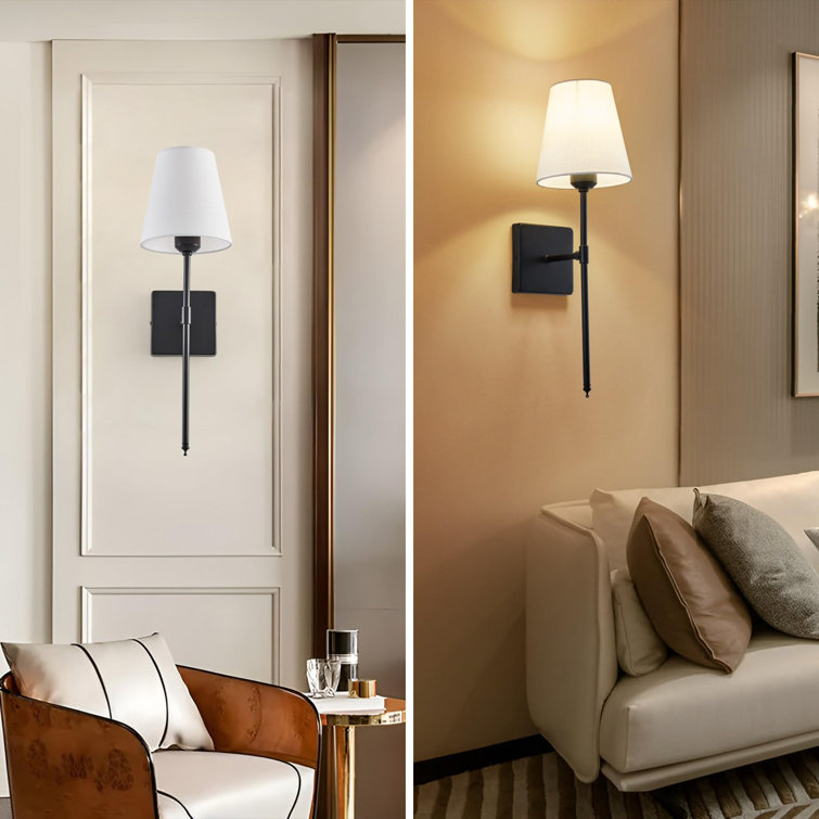 Black Metal Wall Sconce Set with White Shades