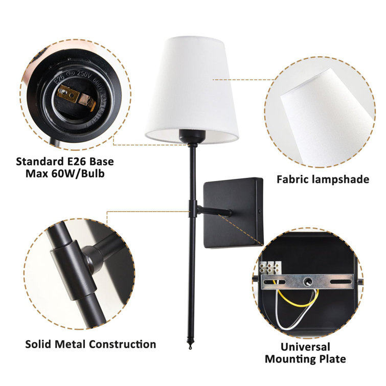Black Metal Wall Sconce Set with White Shades