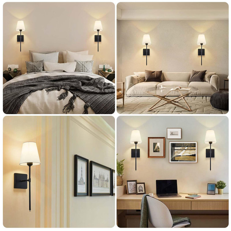 Black Metal Wall Sconce Set with White Shades