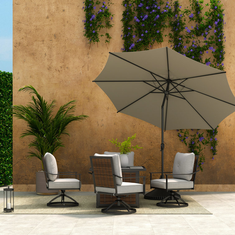 Beige Hexagonal Steel Pole Patio Umbrella with Crank Lift