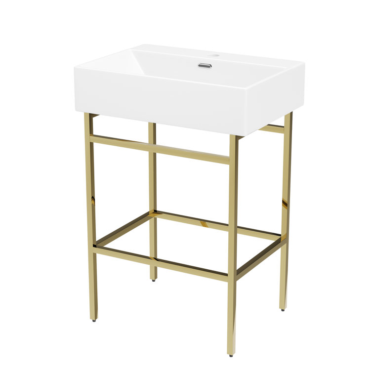 24" White Ceramic Console Sink with Gold Legs