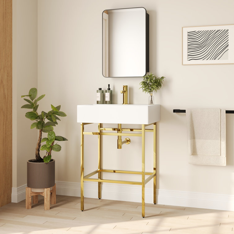 24" White Ceramic Console Sink with Gold Legs