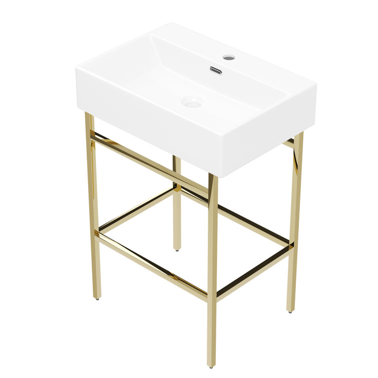 24" White Ceramic Console Sink with Gold Legs