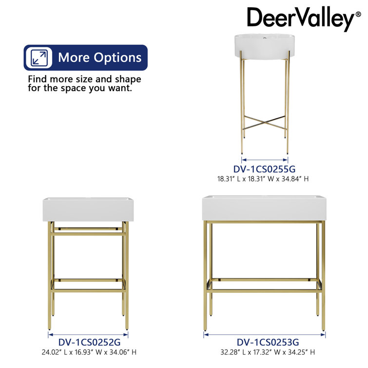 24" White Ceramic Console Sink with Gold Legs