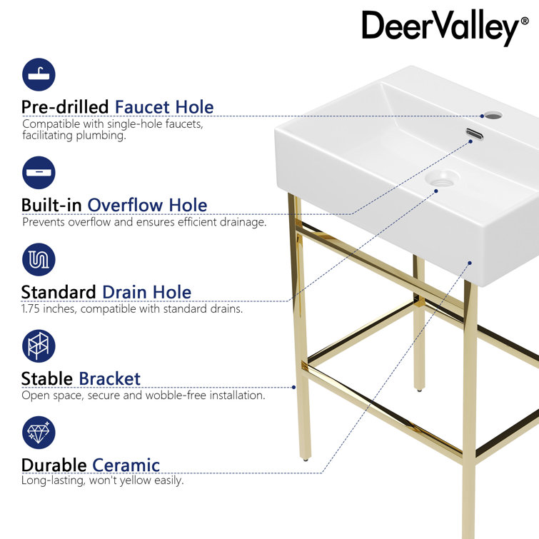 24" White Ceramic Console Sink with Gold Legs
