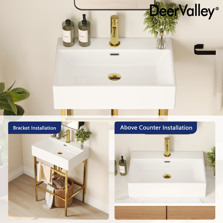 24" White Ceramic Console Sink with Gold Legs