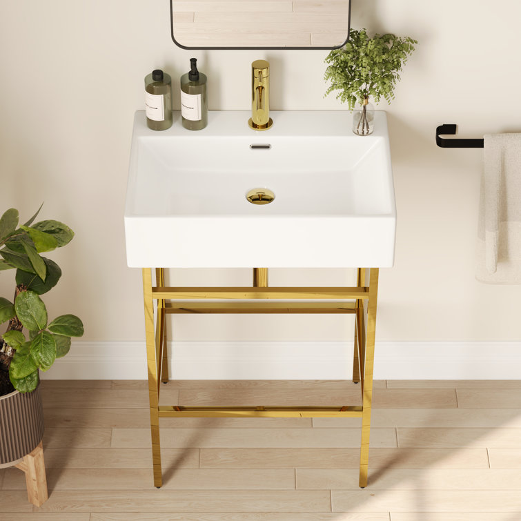 24" White Ceramic Console Sink with Gold Legs