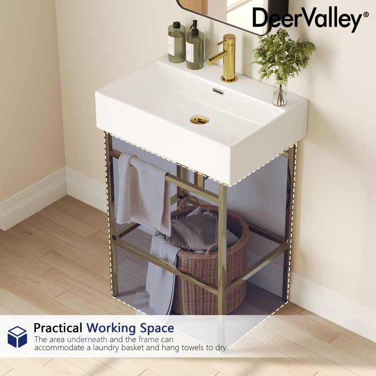 24" White Ceramic Console Sink with Gold Legs