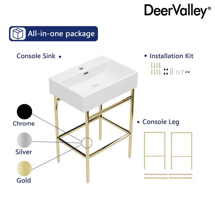 24" White Ceramic Console Sink with Gold Legs