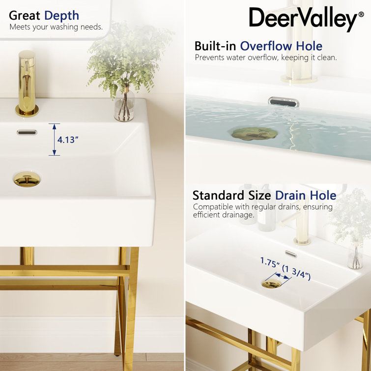 24" White Ceramic Console Sink with Gold Legs