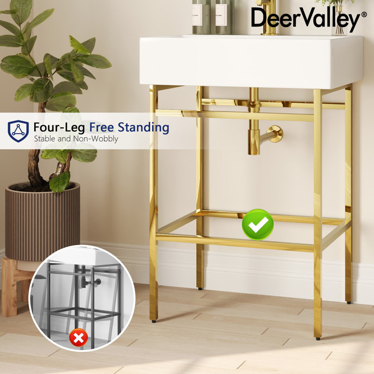 24" White Ceramic Console Sink with Gold Legs