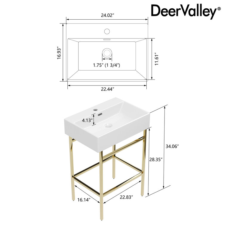 24" White Ceramic Console Sink with Gold Legs