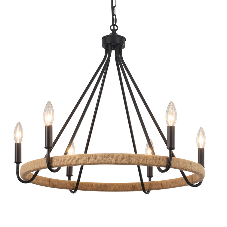 Black 8-Light Hand-Woven Rattan Wagon Wheel Chandelier
