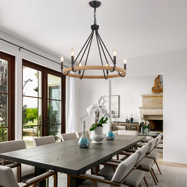 Black 8-Light Hand-Woven Rattan Wagon Wheel Chandelier
