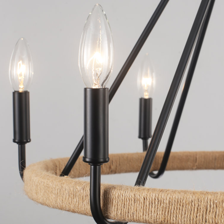 Black 8-Light Hand-Woven Rattan Wagon Wheel Chandelier