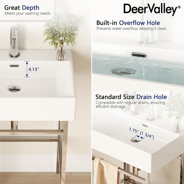 Silver Ceramic Wall-Mount Console Bathroom Sink with Stainless Steel Bracket