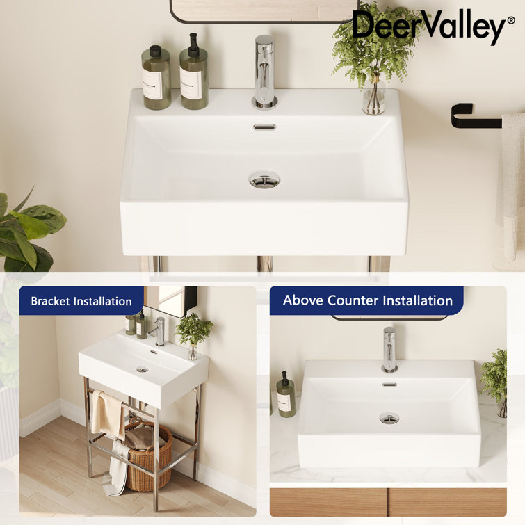 Silver Ceramic Wall-Mount Console Bathroom Sink with Stainless Steel Bracket