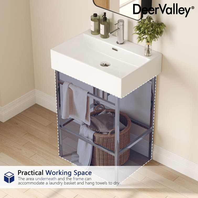Silver Ceramic Wall-Mount Console Bathroom Sink with Stainless Steel Bracket