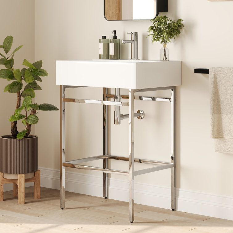 Silver Ceramic Wall-Mount Console Bathroom Sink with Stainless Steel Bracket