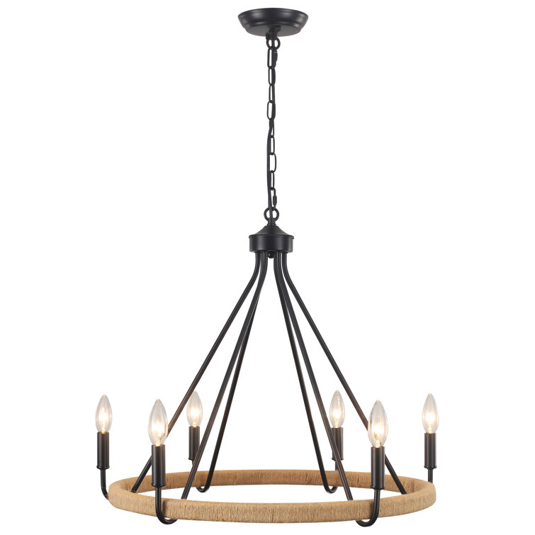 Black 8-Light Hand-Woven Rattan Wagon Wheel Chandelier