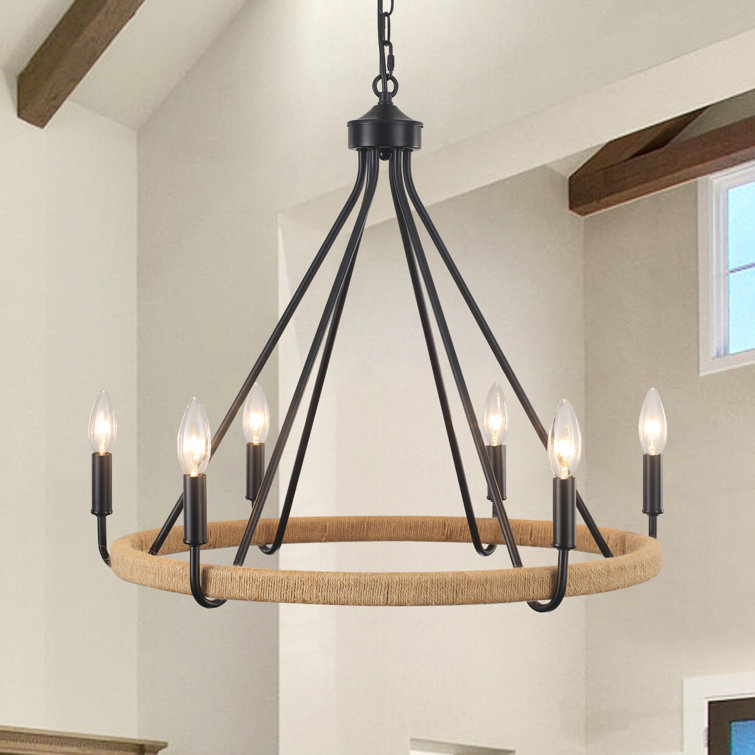 Black 8-Light Hand-Woven Rattan Wagon Wheel Chandelier