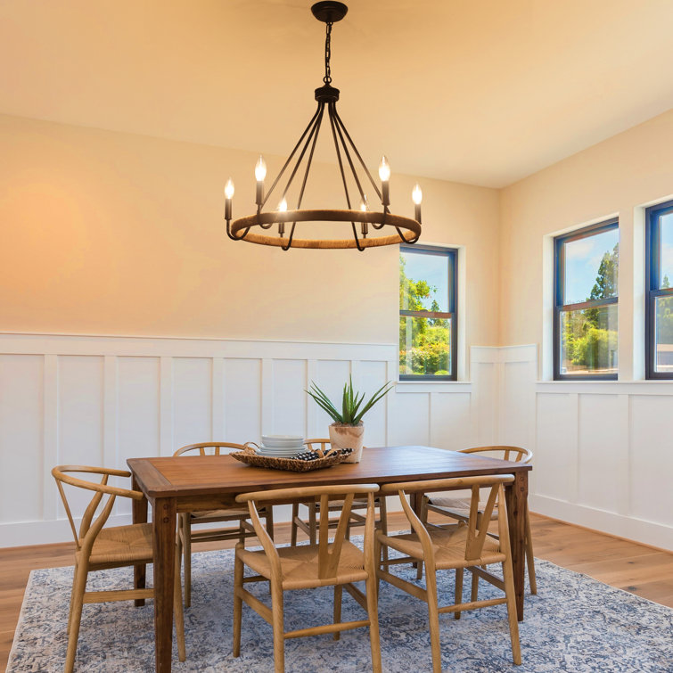 Black 8-Light Hand-Woven Rattan Wagon Wheel Chandelier