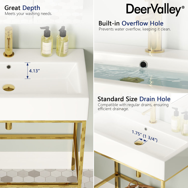 White Ceramic Console Sink with Gold Stainless Steel Frame