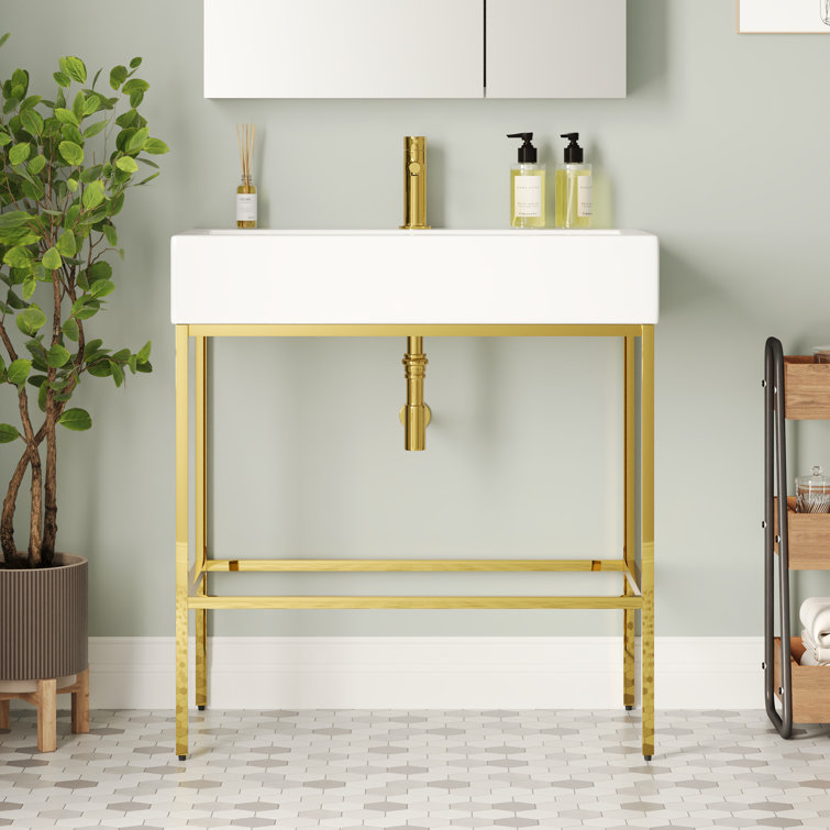 White Ceramic Console Sink with Gold Stainless Steel Frame