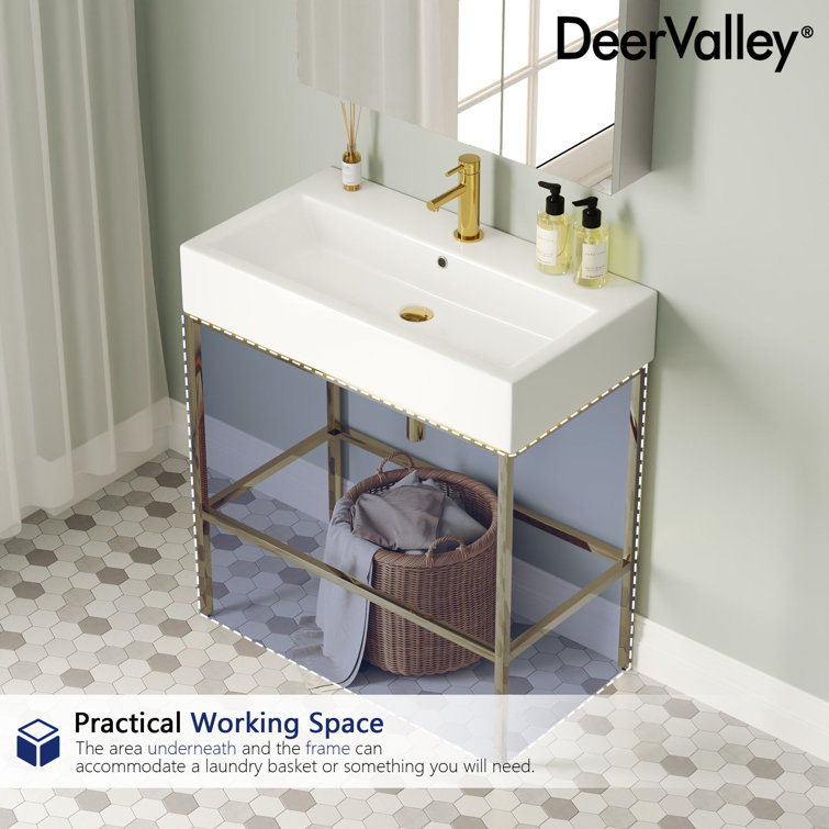 White Ceramic Console Sink with Gold Stainless Steel Frame
