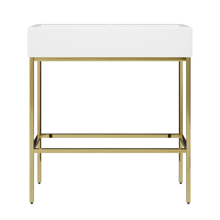 White Ceramic Console Sink with Gold Stainless Steel Frame