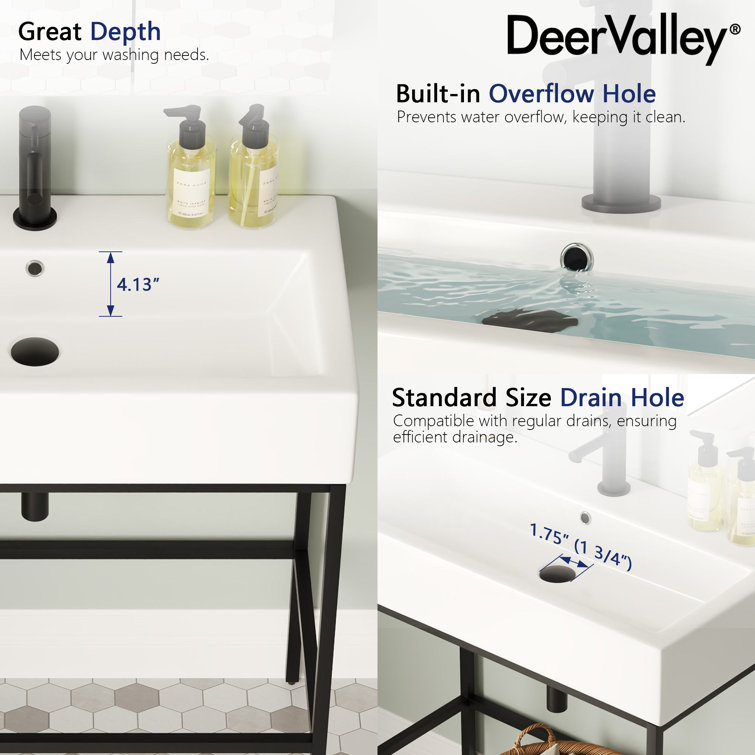Black Ceramic Wall-Mount Console Bathroom Sink with Stainless Steel Bracket