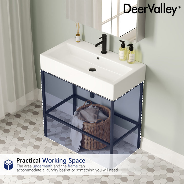 Black Ceramic Wall-Mount Console Bathroom Sink with Stainless Steel Bracket