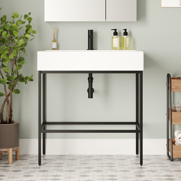 Black Ceramic Wall-Mount Console Bathroom Sink with Stainless Steel Bracket