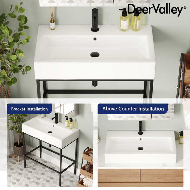 Black Ceramic Wall-Mount Console Bathroom Sink with Stainless Steel Bracket