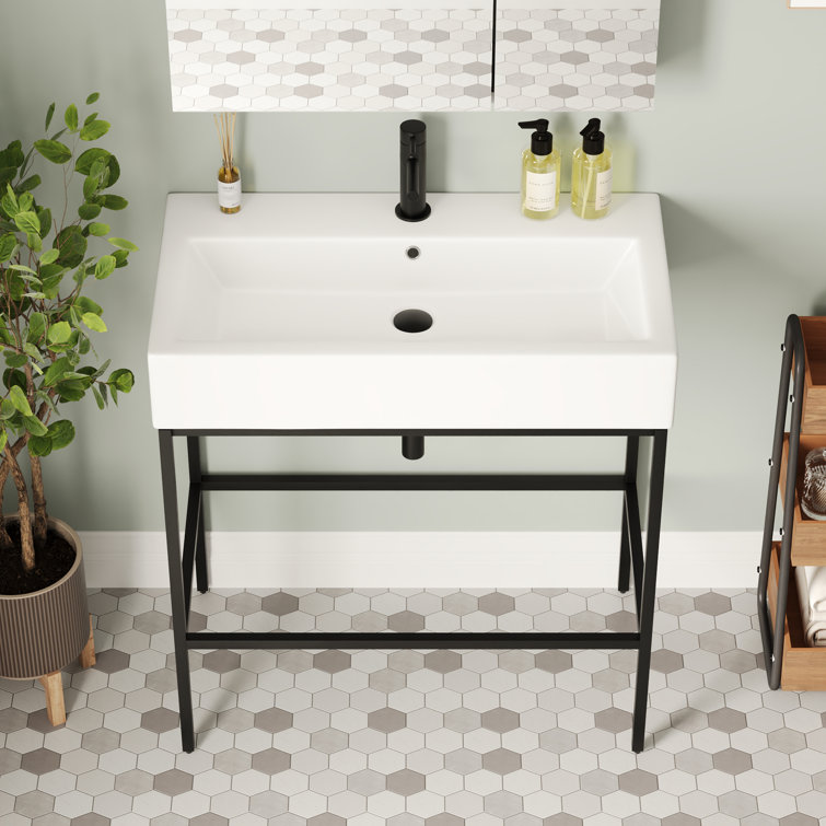 Black Ceramic Wall-Mount Console Bathroom Sink with Stainless Steel Bracket